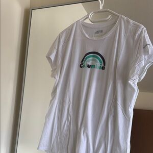 Columbia White T‑Shirt with Green and Black Rainbow Logo